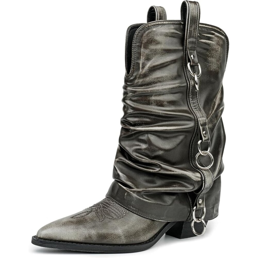 Women Retro Grey Rubber Chunky Heels Mid Calf Western Boots Vintage Retro